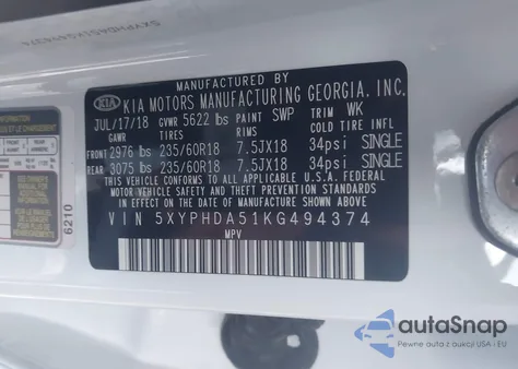 2019 Kia Sorento 3.3L Ex from USA, damaged, VIN 5XYPHDA51KG494374